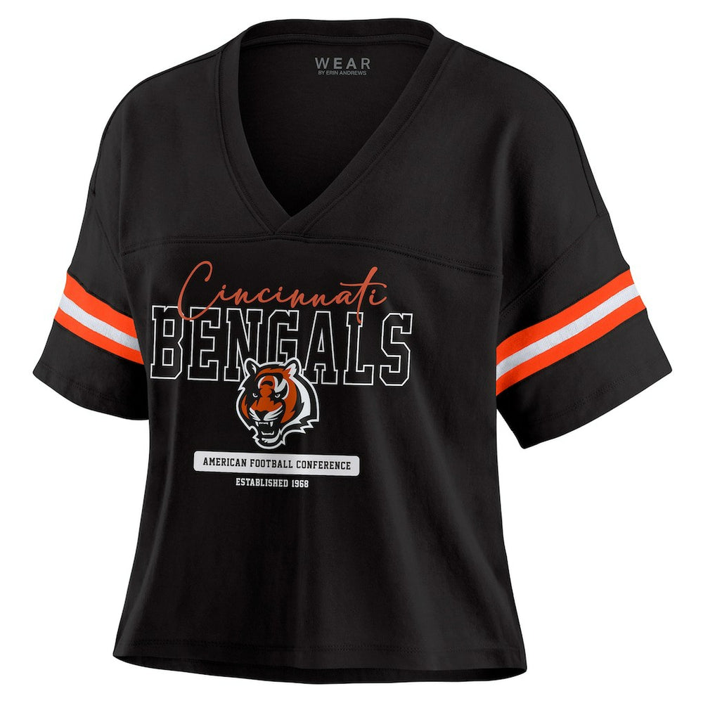 Cincinnati Bengals WEAR by Erin Andrews Women's Color Block Boxy Modest Crop V-Neck T-Shirt - Black for sale