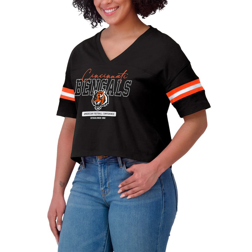 Cincinnati Bengals WEAR by Erin Andrews Women's Color Block Boxy Modest Crop V-Neck T-Shirt - Black for sale