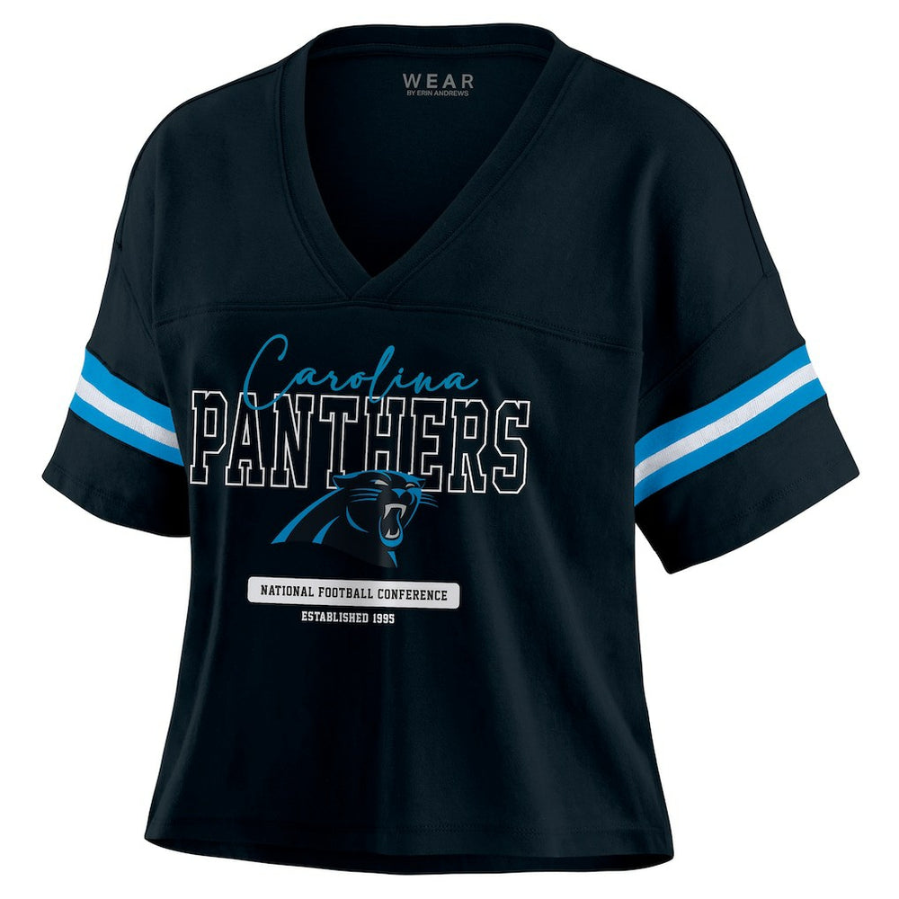 Carolina Panthers WEAR by Erin Andrews Women's Color Block Boxy Modest Crop V-Neck T-Shirt - Black discount