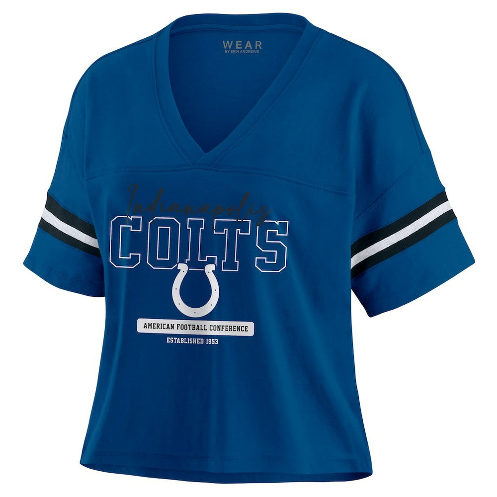 Indianapolis Colts WEAR by Erin Andrews Women's Color Block Boxy Modest Crop V-Neck T-Shirt - Royal outlet