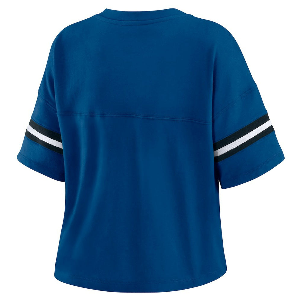 Indianapolis Colts WEAR by Erin Andrews Women's Color Block Boxy Modest Crop V-Neck T-Shirt - Royal outlet