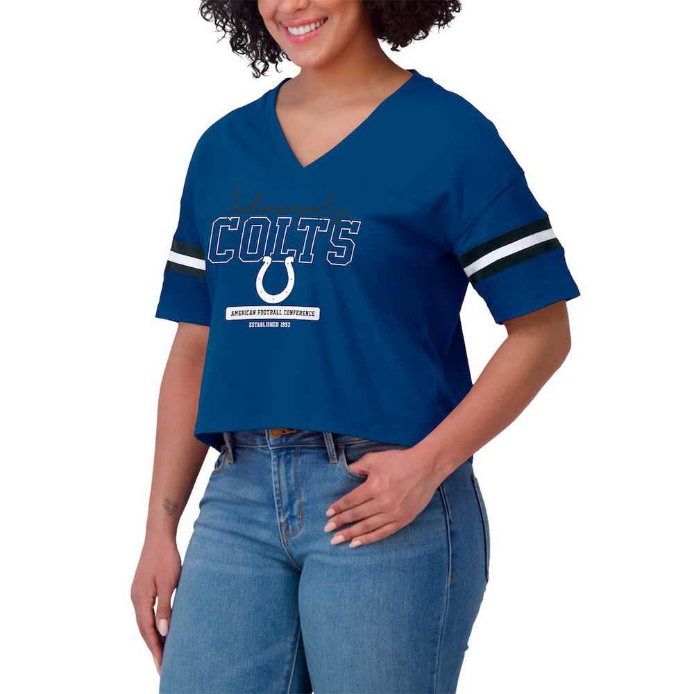 Indianapolis Colts WEAR by Erin Andrews Women's Color Block Boxy Modest Crop V-Neck T-Shirt - Royal outlet