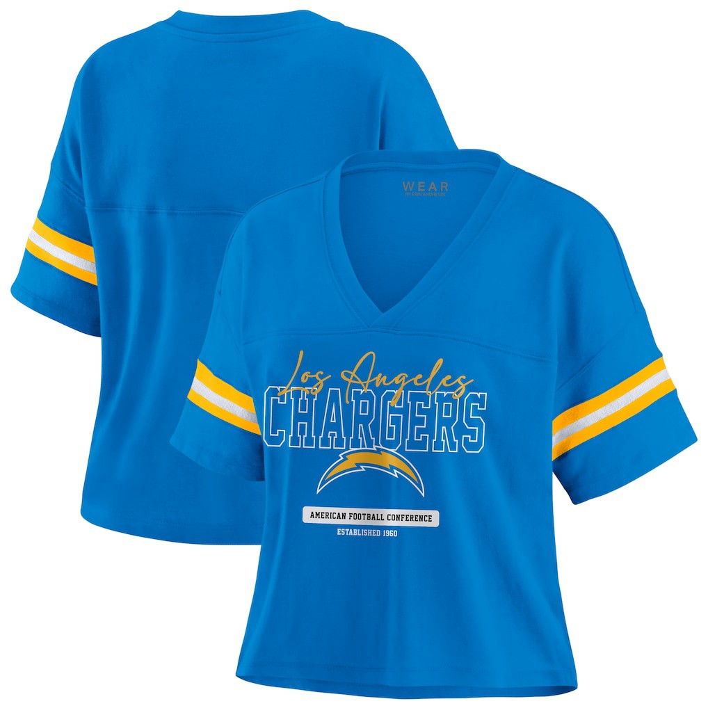 Los Angeles Chargers WEAR by Erin Andrews Women's Color Block Boxy Modest Crop V-Neck T-Shirt - Powder Blue online