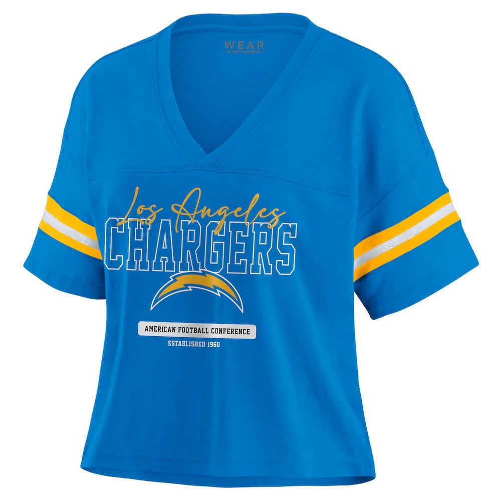 Los Angeles Chargers WEAR by Erin Andrews Women's Color Block Boxy Modest Crop V-Neck T-Shirt - Powder Blue online