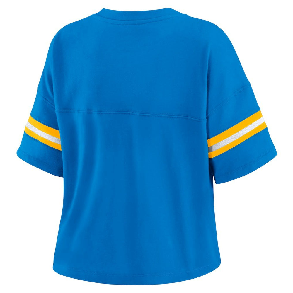 Los Angeles Chargers WEAR by Erin Andrews Women's Color Block Boxy Modest Crop V-Neck T-Shirt - Powder Blue online