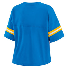 Los Angeles Chargers WEAR by Erin Andrews Women's Color Block Boxy Modest Crop V-Neck T-Shirt - Powder Blue online