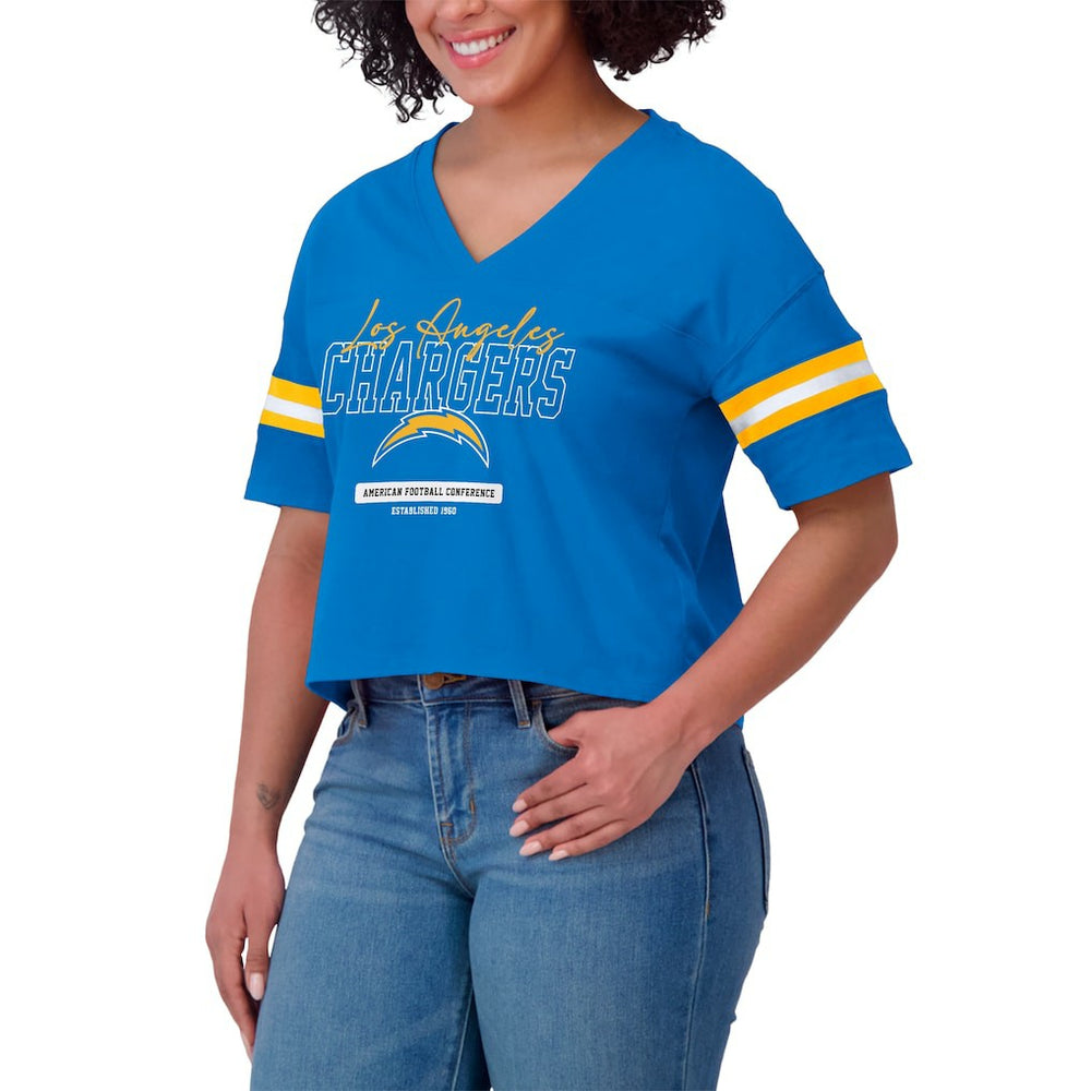 Los Angeles Chargers WEAR by Erin Andrews Women's Color Block Boxy Modest Crop V-Neck T-Shirt - Powder Blue online