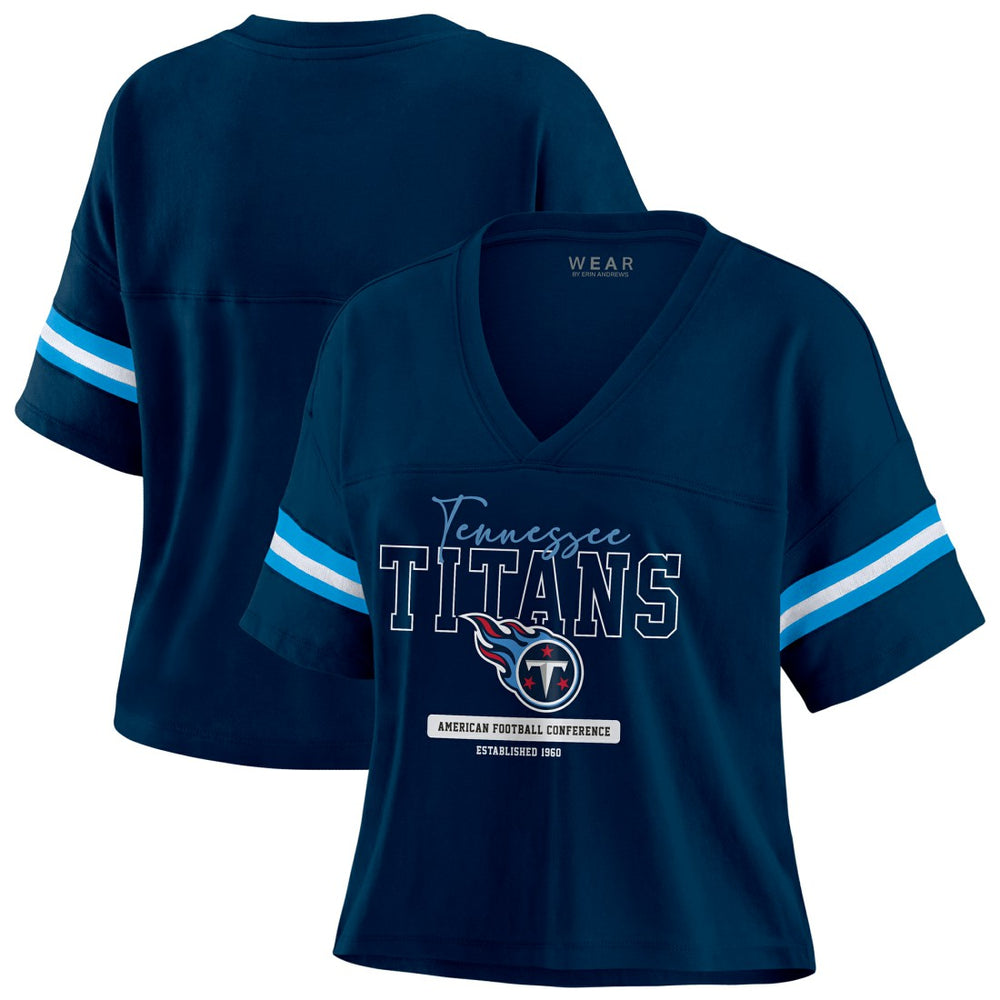 Tennessee Titans WEAR by Erin Andrews Women's Color Block Boxy Modest Crop V-Neck T-Shirt - Navy online