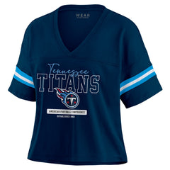 Tennessee Titans WEAR by Erin Andrews Women's Color Block Boxy Modest Crop V-Neck T-Shirt - Navy online