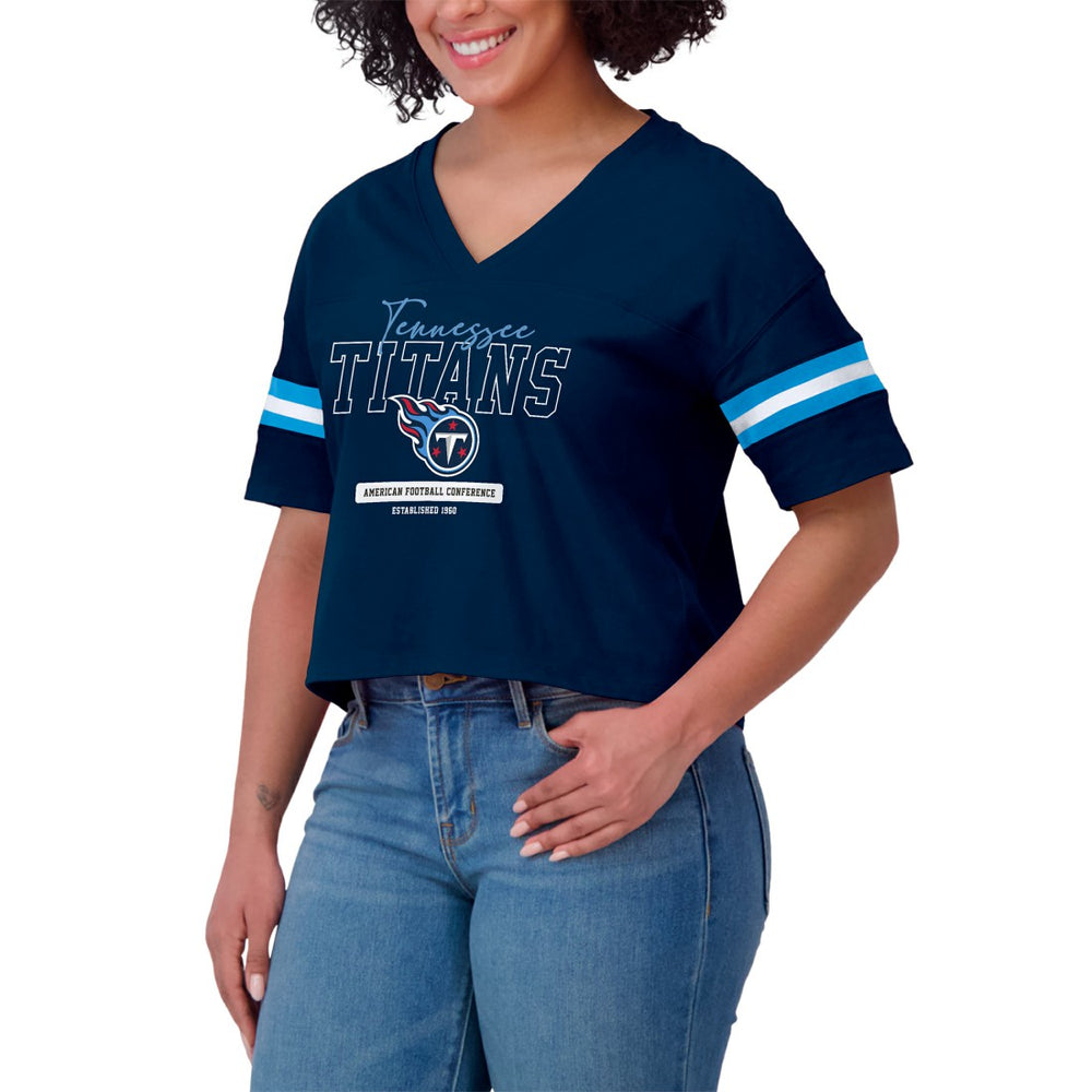 Tennessee Titans WEAR by Erin Andrews Women's Color Block Boxy Modest Crop V-Neck T-Shirt - Navy online