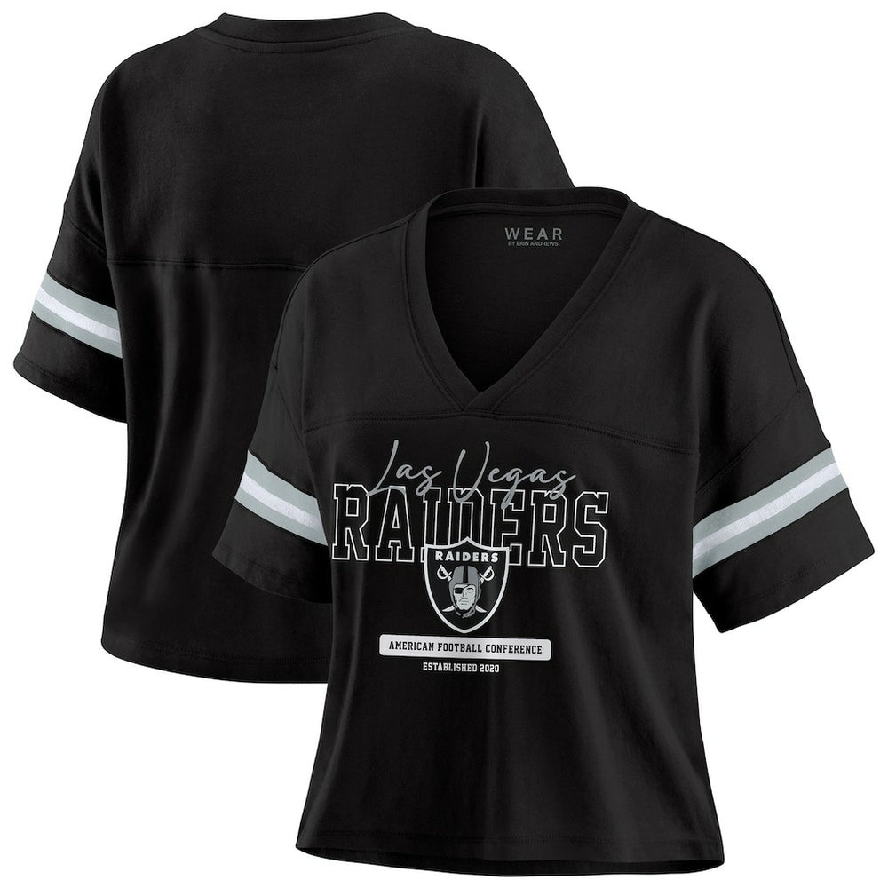 Las Vegas Raiders WEAR by Erin Andrews Women's Color Block Boxy Modest Crop V-Neck T-Shirt - Black discount