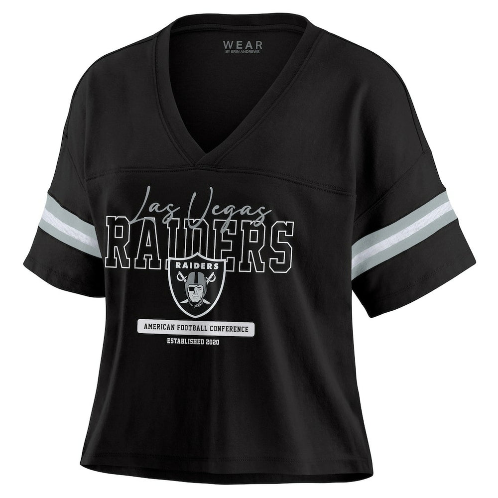 Las Vegas Raiders WEAR by Erin Andrews Women's Color Block Boxy Modest Crop V-Neck T-Shirt - Black discount