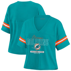 Miami Dolphins WEAR by Erin Andrews Women's Color Block Boxy Modest Crop V-Neck T-Shirt - Aqua online