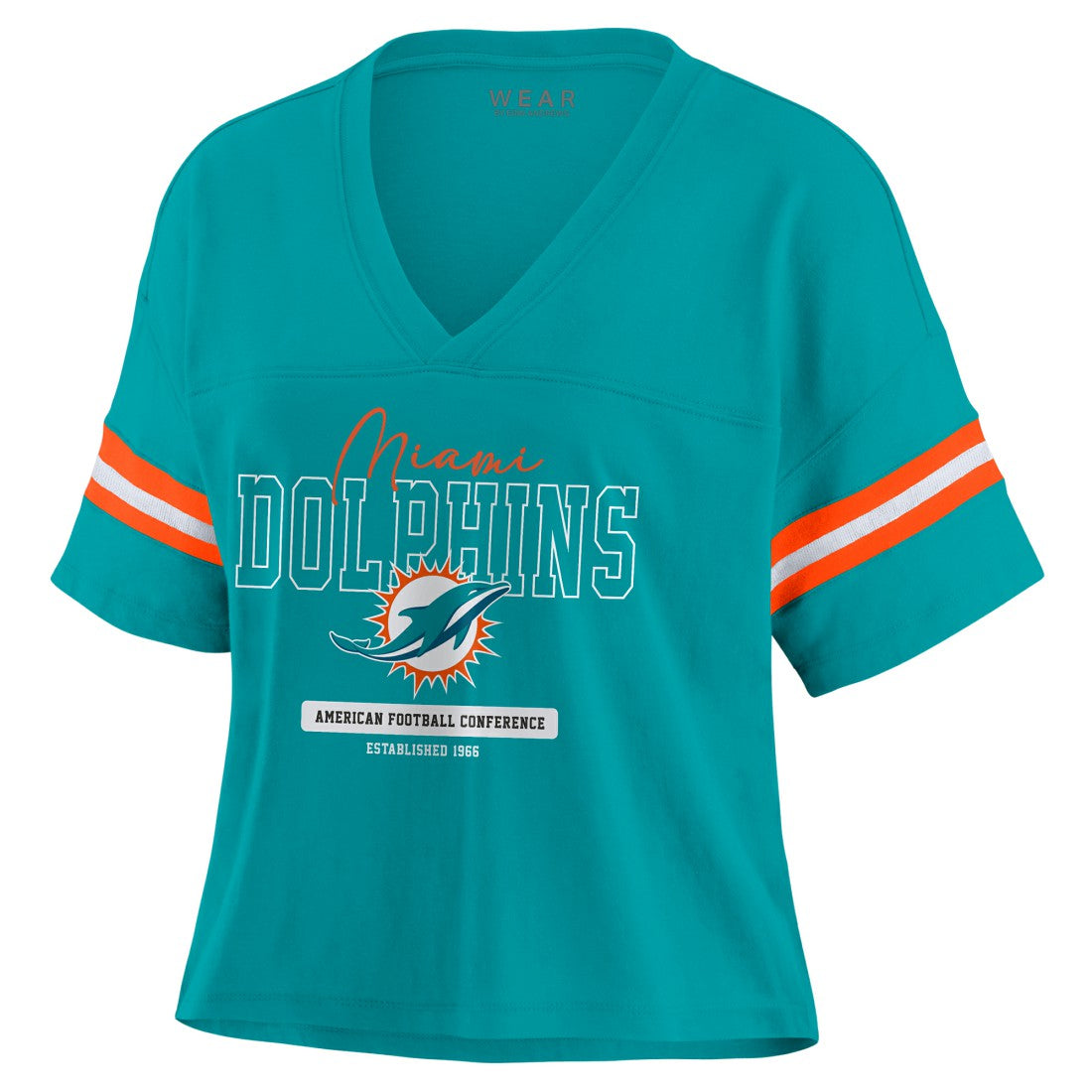 Miami Dolphins WEAR by Erin Andrews Women's Color Block Boxy Modest Crop V-Neck T-Shirt - Aqua online