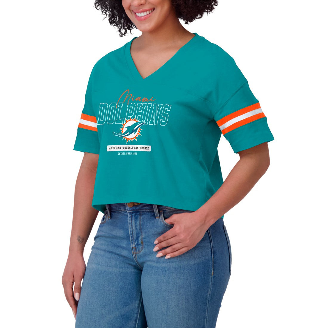 Miami Dolphins WEAR by Erin Andrews Women's Color Block Boxy Modest Crop V-Neck T-Shirt - Aqua online