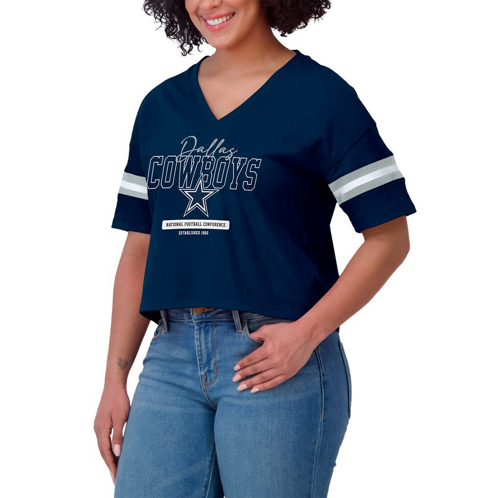 Dallas Cowboys WEAR by Erin Andrews Women's Color Block Boxy Modest Crop V-Neck T-Shirt - Navy sale