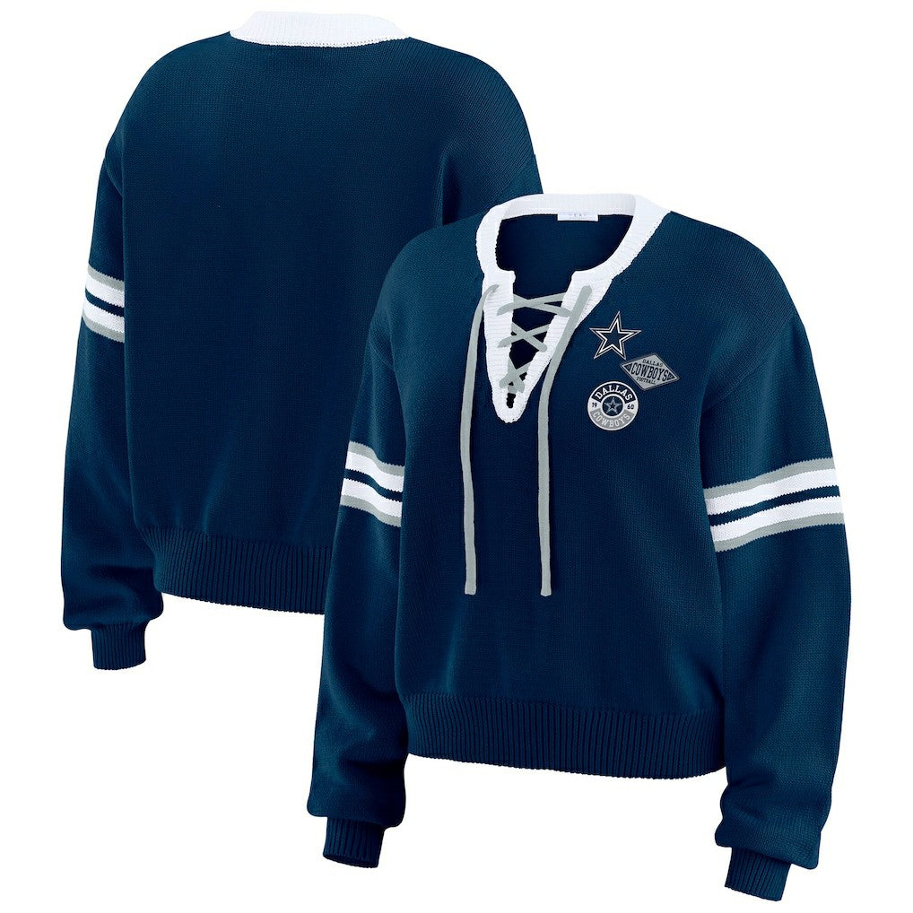 Dallas Cowboys WEAR by Erin Andrews Women's Lace-Up Pullover Sweatshirt - Navy cheap