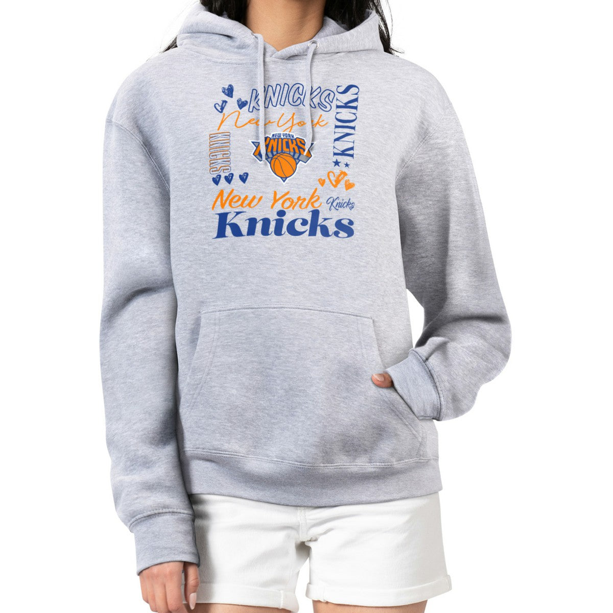 New York Knicks G-III 4Her by Carl Banks Women's Team Collage Graphic Fleece Pullover Hoodie - Heather Gray on sale