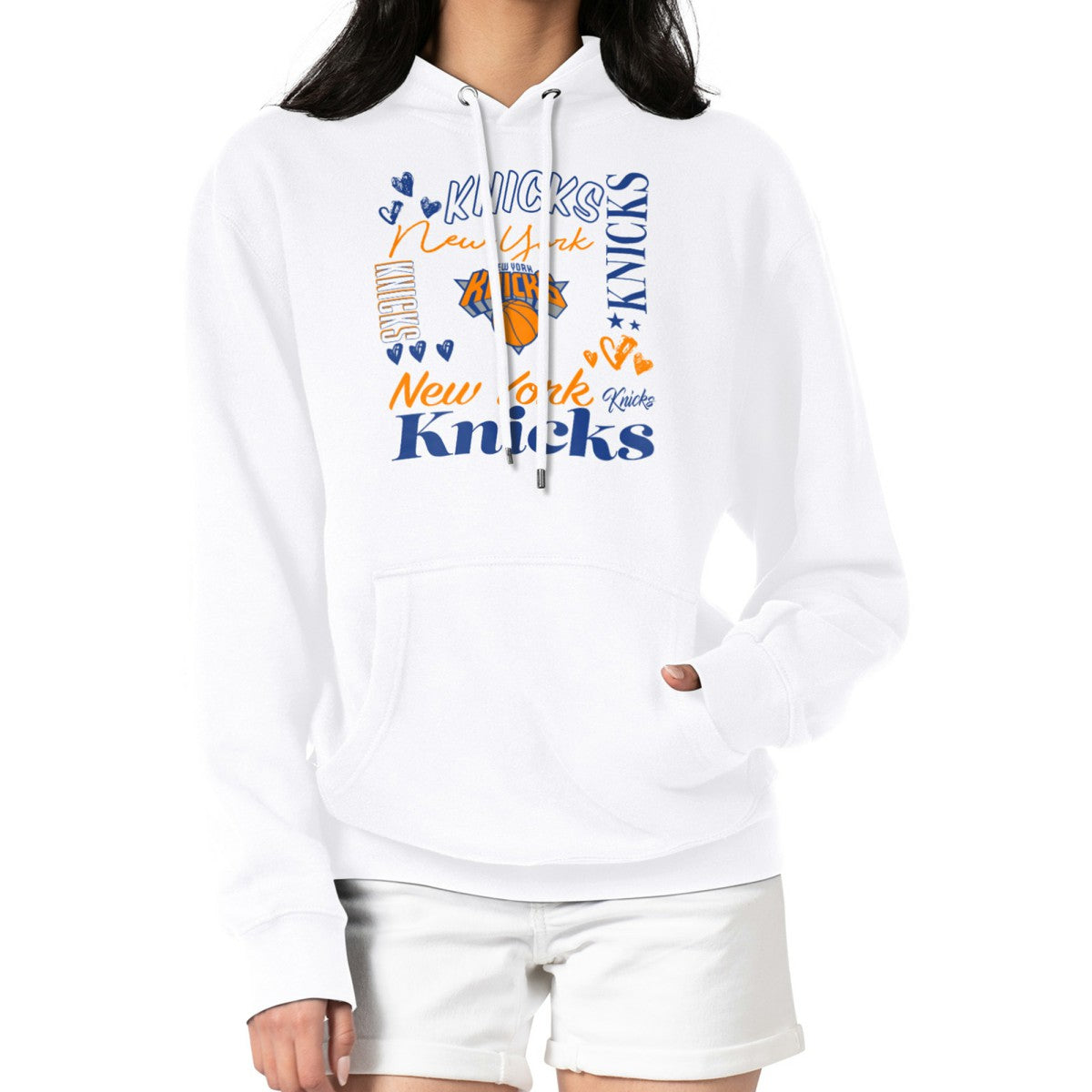 New York Knicks G-III 4Her by Carl Banks Women's Team Collage Graphic Fleece Pullover Hoodie - White for sale