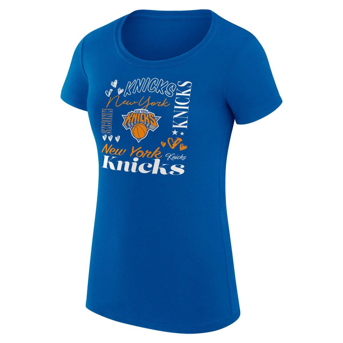 New York Knicks G-III 4Her by Carl Banks Women's Super-Slim Fit Lightweight Team Name Collage Graphic T-Shirt - Blue shop