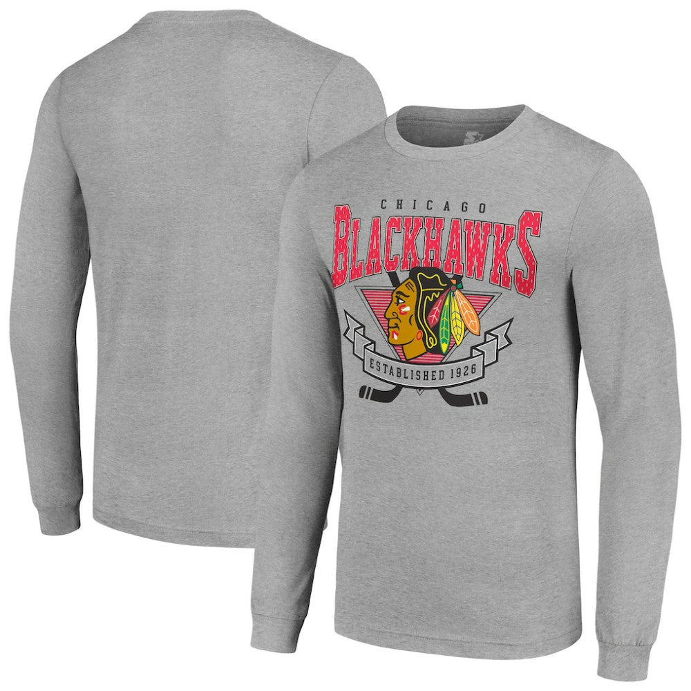 Chicago Blackhawks Starter '80s Inspired Team Logo Long Sleeve T-Shirt - Heather Gray T-shirts