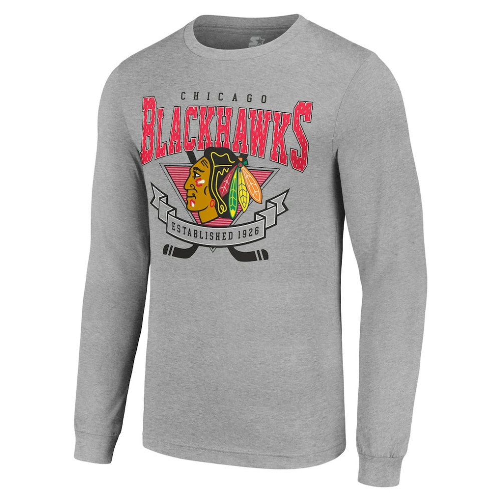Chicago Blackhawks Starter '80s Inspired Team Logo Long Sleeve T-Shirt - Heather Gray T-shirts