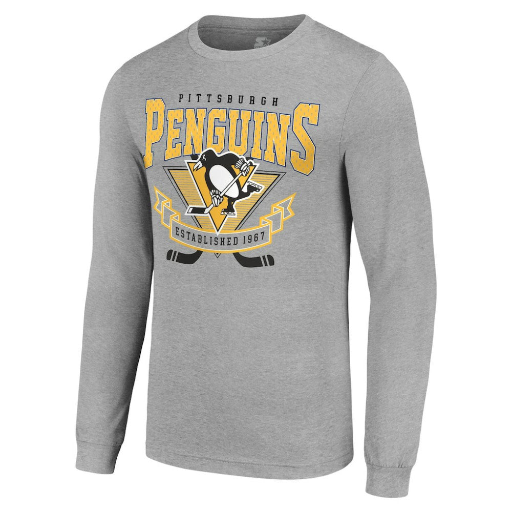 Pittsburgh Penguins Starter '80s Inspired Team Logo Long Sleeve T-Shirt - Heather Gray T-shirts