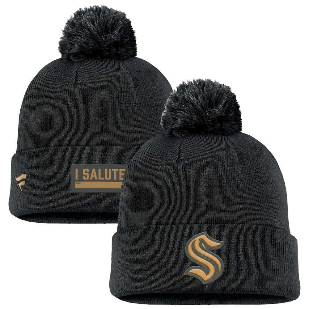 Seattle Kraken Fanatics Military Appreciation Cuffed Knit Hat with Pom - Black Hats