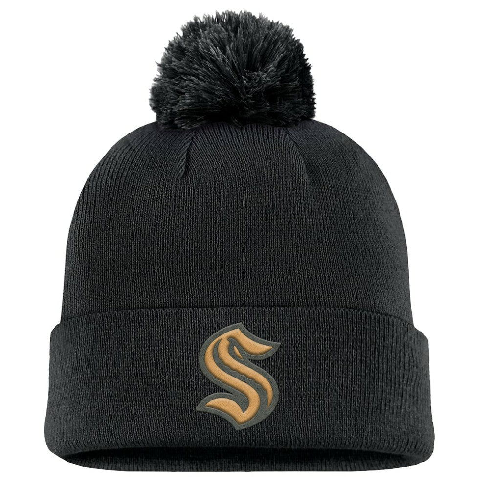 Seattle Kraken Fanatics Military Appreciation Cuffed Knit Hat with Pom - Black Hats
