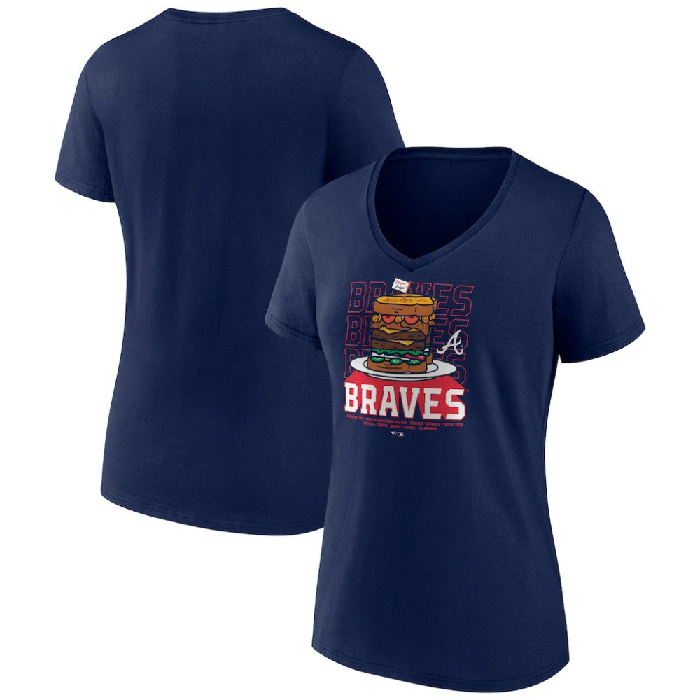Atlanta Braves Women's Blooper Burger V-Neck T-Shirt Navy