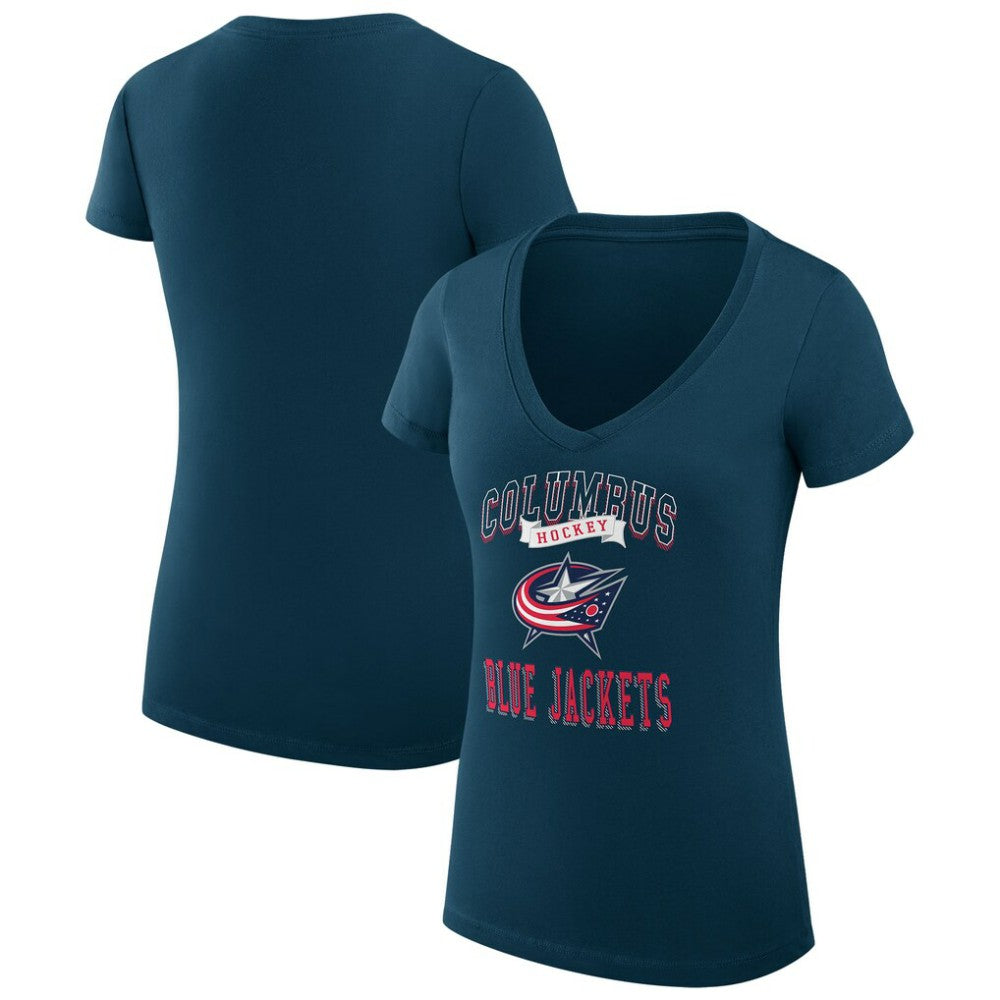 Columbus Blue Jackets G-III 4Her by Carl Banks Women's Super-Slim Fit Lightweight Team Logo Graphic V-Neck T-Shirt - Navy T-shirts