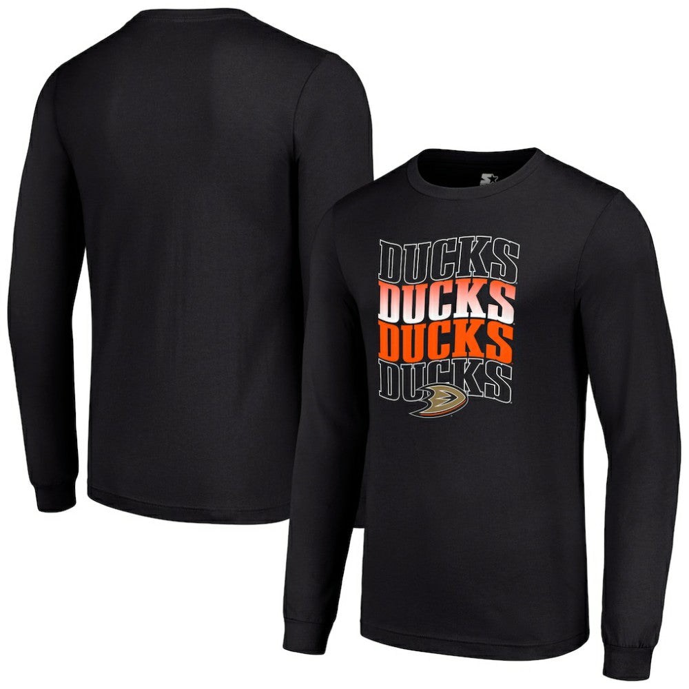 Anaheim Ducks Starter Four Team Name Logo Long Sleeve Graphic T-Shirt - Black T-shirts