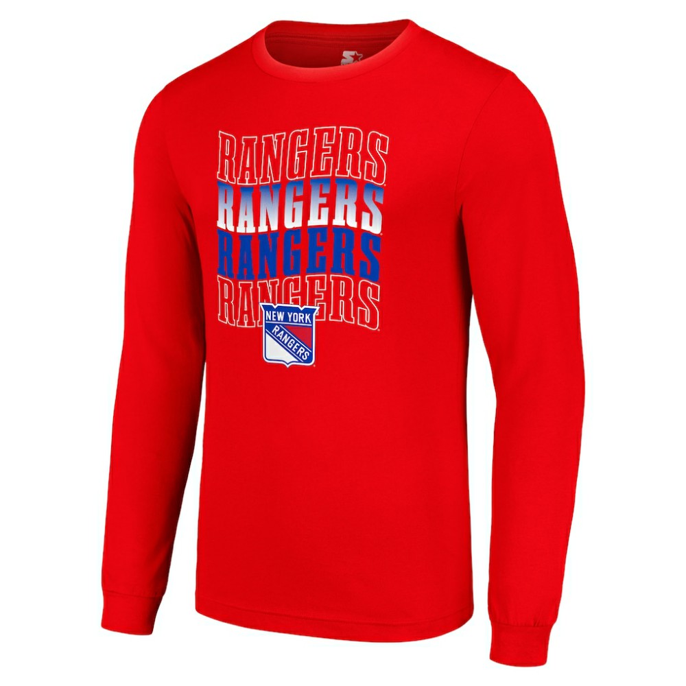 New York Rangers Starter Four Team Name Logo Long Sleeve Graphic T-Shirt - Red T-shirts