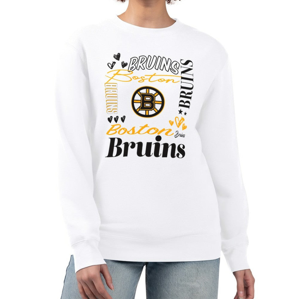 Boston Bruins G-III 4Her by Carl Banks Women's Collage Graphic Fleece Long Sleeve Pullover Sweatshirt - White Sweatshirts