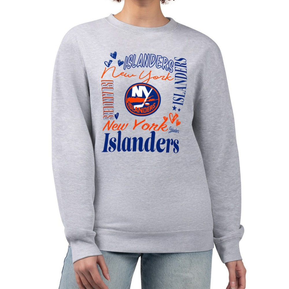 New York Islanders G-III 4Her by Carl Banks Women's Collage Graphic Fleece Long Sleeve Pullover Sweatshirt - Heather Gray Sweatshirts