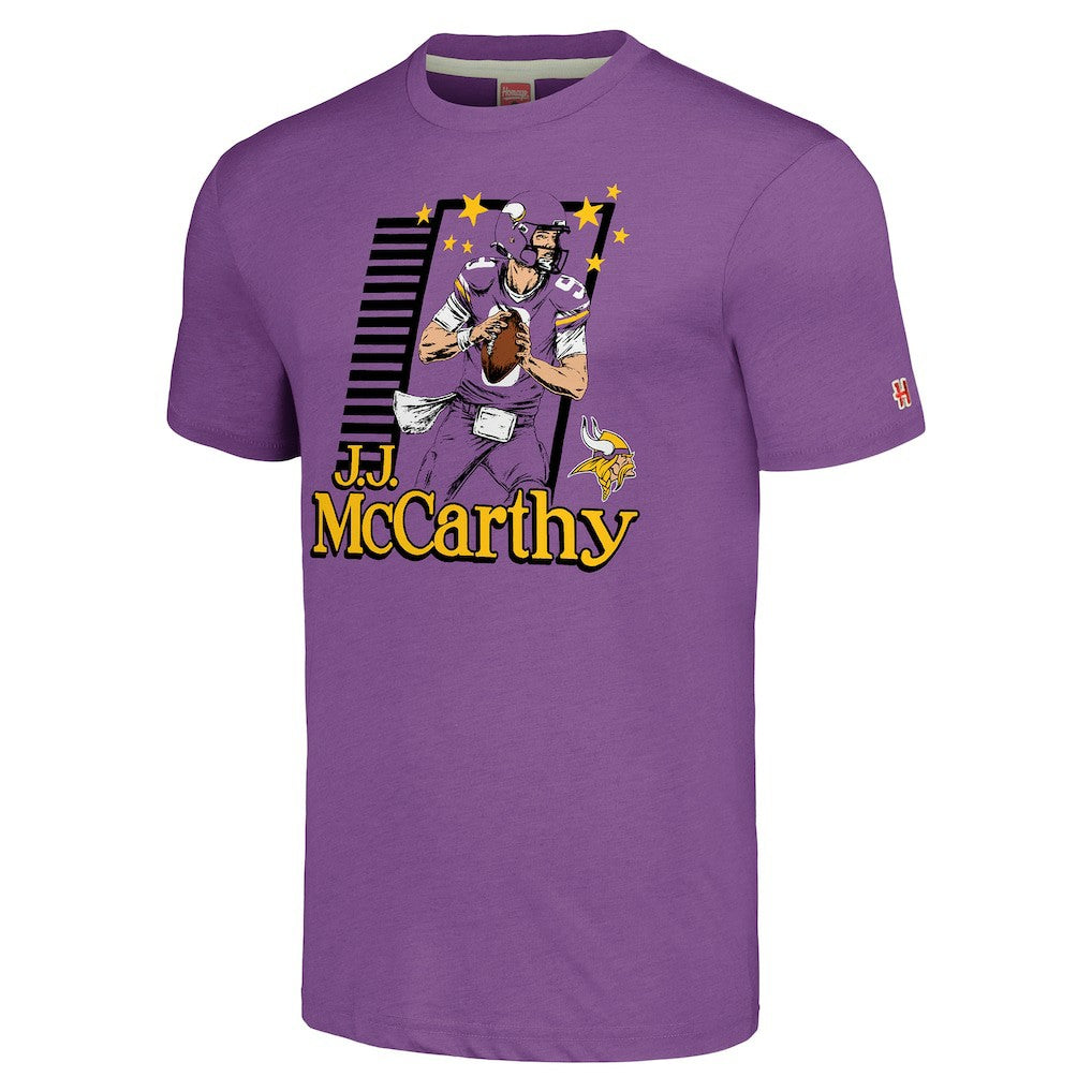 J.J. McCarthy Minnesota Vikings Homage Unisex Caricature Player Tri-Blend T-Shirt - Purple on sale