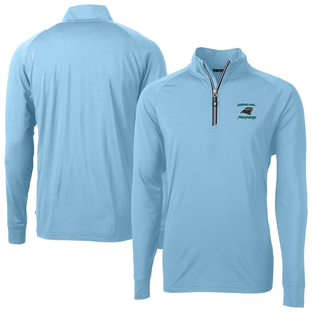 Carolina Panthers Cutter & Buck Adapt Eco Knit Stretch Recycled Raglan Quarter-Zip DryTec Top - Light Blue on sale