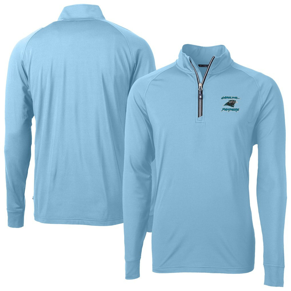 Carolina Panthers Cutter & Buck Adapt Eco Knit Stretch Recycled Raglan Quarter-Zip DryTec Top - Light Blue on sale