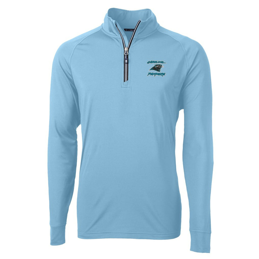 Carolina Panthers Cutter & Buck Adapt Eco Knit Stretch Recycled Raglan Quarter-Zip DryTec Top - Light Blue on sale