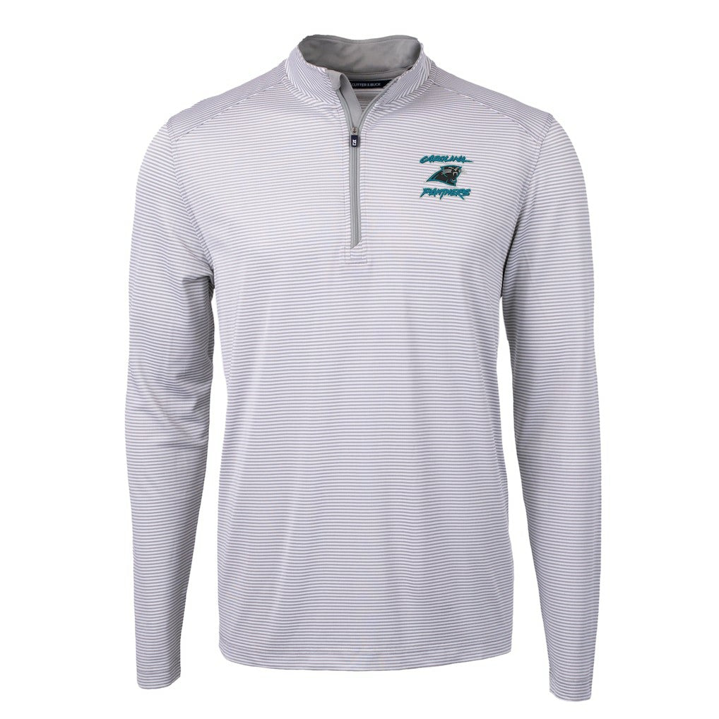 Carolina Panthers Cutter & Buck Virtue Eco Pique Micro Stripe Recycled Quarter-Zip Jacket - Gray on sale