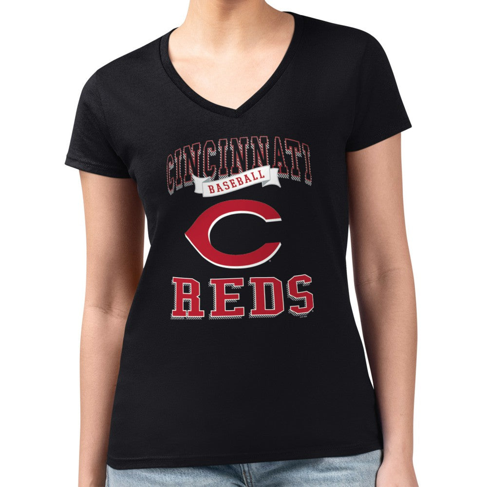 Cincinnati Reds G-III 4Her by Carl Banks Women's Super-Slim Fit Lightweight Team Logo Graphic V-Neck T-Shirt Black