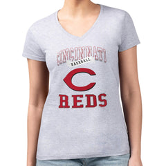 Cincinnati Reds G-III 4Her by Carl Banks Women's Super-Slim Fit Lightweight Team Logo Graphic V-Neck T-Shirt Heather Gray