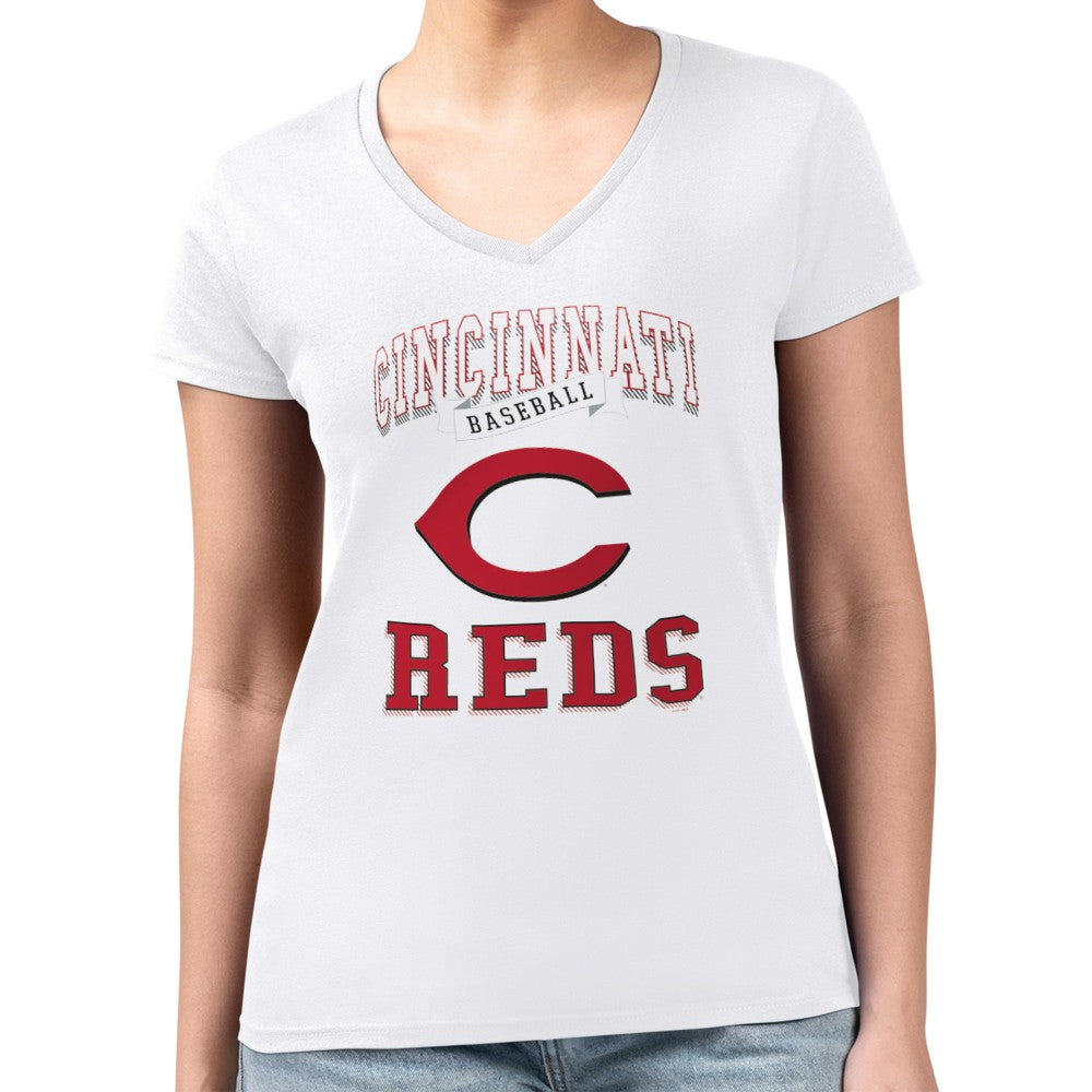 Cincinnati Reds G-III 4Her by Carl Banks Women's Super-Slim Fit Lightweight Team Logo Graphic V-Neck T-Shirt White