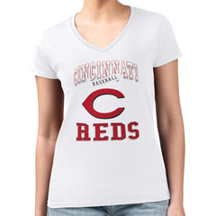 Cincinnati Reds G-III 4Her by Carl Banks Women's Super-Slim Fit Lightweight Team Logo Graphic V-Neck T-Shirt White