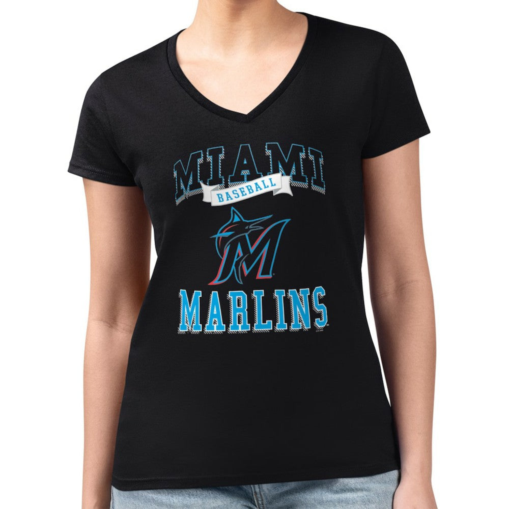 Miami Marlins G-III 4Her by Carl Banks Women's Super-Slim Fit Lightweight Team Logo Graphic V-Neck T-Shirt Black
