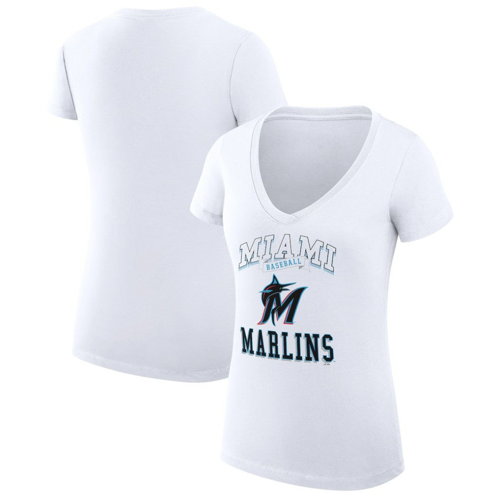 Miami Marlins G-III 4Her by Carl Banks Women's Super-Slim Fit Lightweight Team Logo Graphic V-Neck T-Shirt White