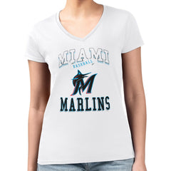 Miami Marlins G-III 4Her by Carl Banks Women's Super-Slim Fit Lightweight Team Logo Graphic V-Neck T-Shirt White