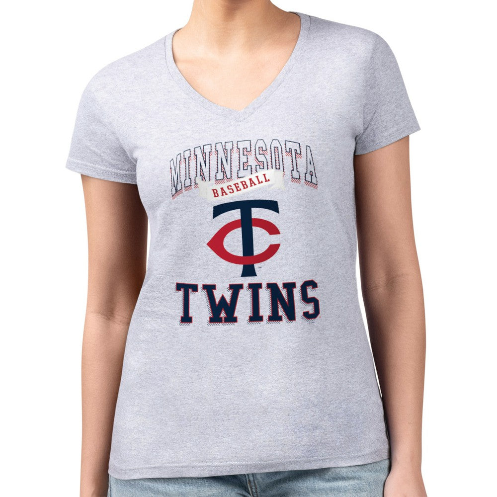 Minnesota Twins G-III 4Her by Carl Banks Women's Super-Slim Fit Lightweight Team Logo Graphic V-Neck T-Shirt Heather Gray