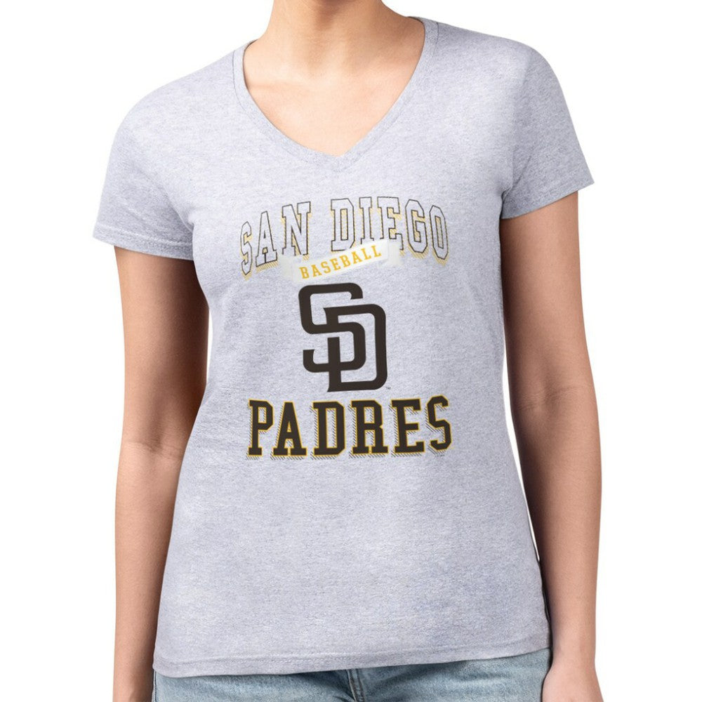 San Diego Padres G-III 4Her by Carl Banks Women's Super-Slim Fit Lightweight Team Logo Graphic V-Neck T-Shirt Heather Gray
