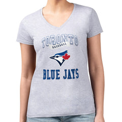 Toronto Blue Jays G-III 4Her by Carl Banks Women's Super-Slim Fit Lightweight Team Logo Graphic V-Neck T-Shirt Heather Gray